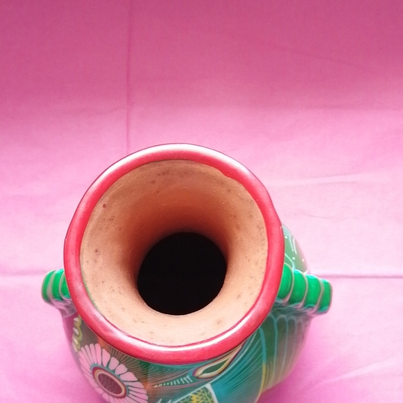 Vintage 2007 pottery vase decor, Mexican folk art, turquoise, pink, yellow - Picture 7 of 7
